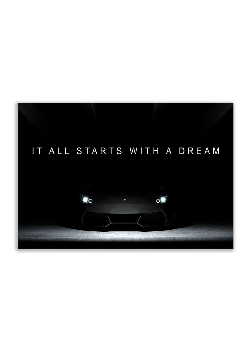 Plakat - It all starts with a dream - Sort Lamborghini - admen.dk