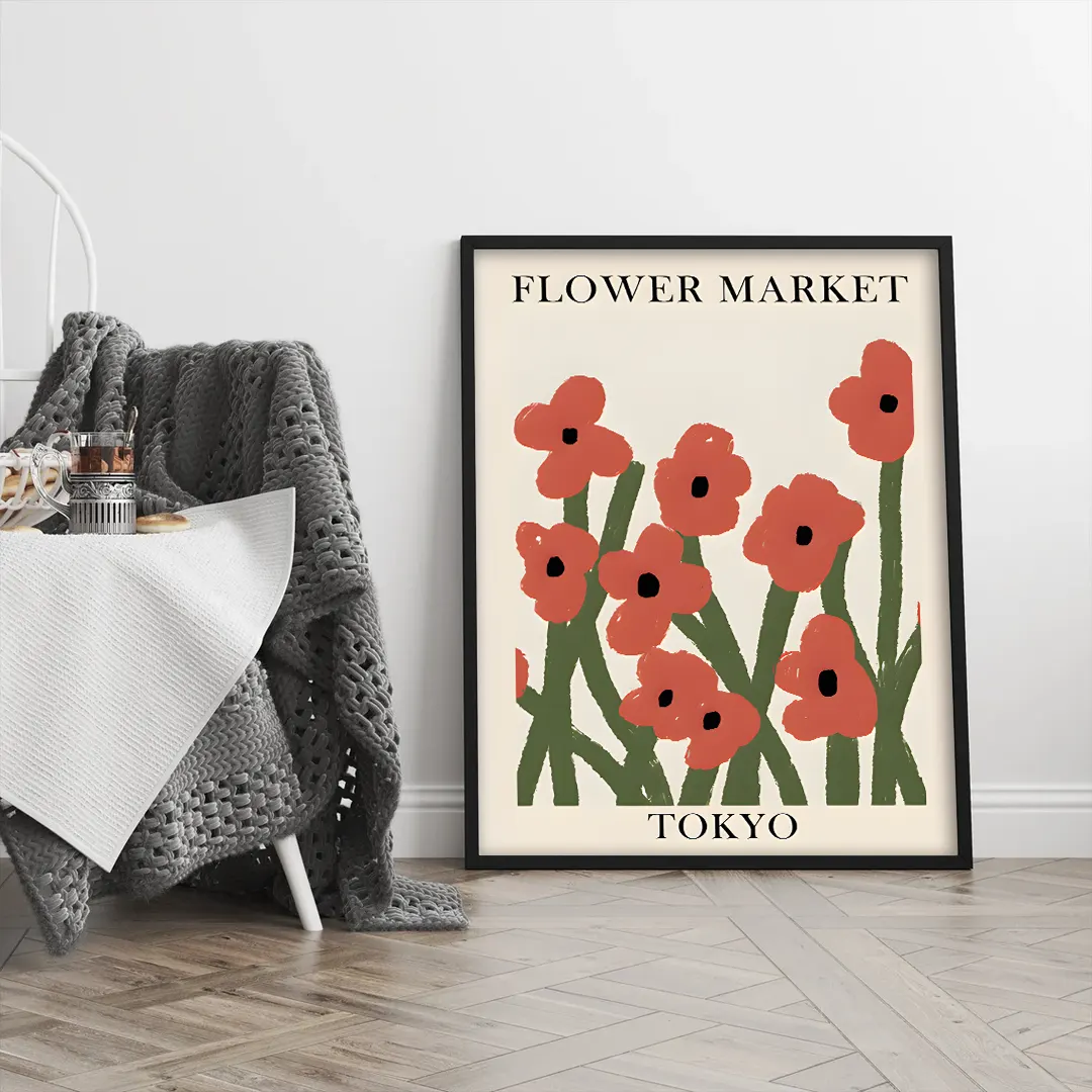 Plakat - Tokyo i røde farver - Flower market - admen.dk