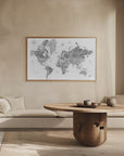 Plakat - Grayscale watercolor world map with cities, Rylan