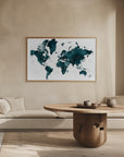 Plakat - Dark teal world map with cities, Makani