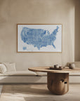 Plakat - Blue watercolor map of the USA with states and state capitals