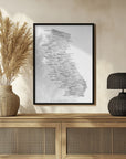 Plakat - Grayscale watercolor map of California with cities