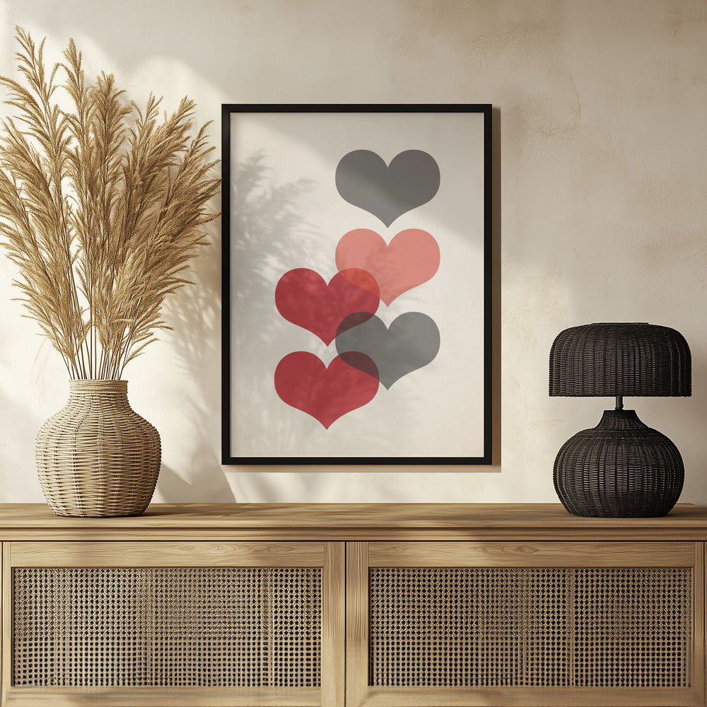 Plakat - Mid century hearts in red