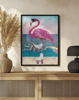 Plakat - Flamingo rollerskating on the beach