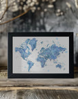 Plakat - Blue watercolor world map with cities, Simeon