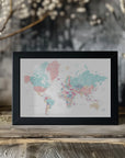 Plakat - Distressed pastels world map with cities, Carmen