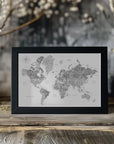 Plakat - Grayscale watercolor world map with cities, Rylan