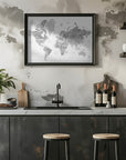 Plakat - Grayscale watercolor world map with cities, Rylan