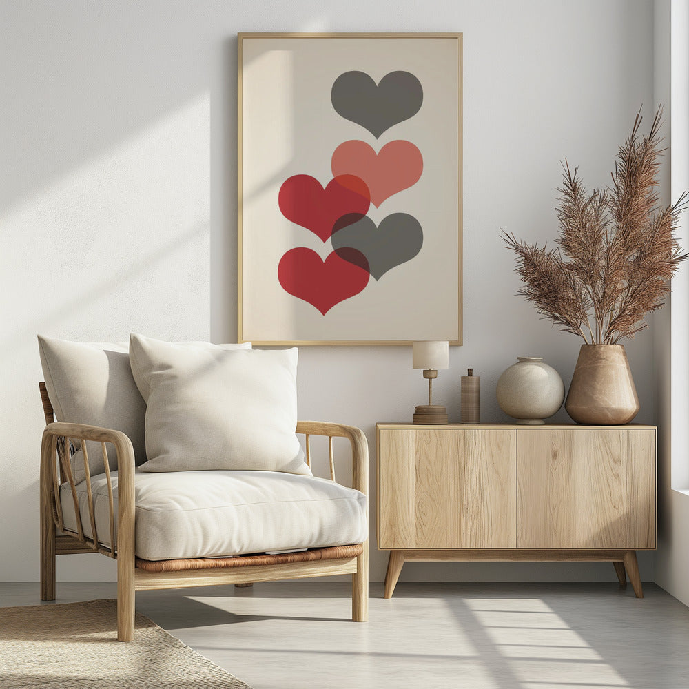 Plakat - Mid century hearts in red