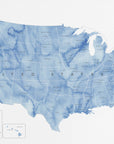 Plakat - Blue watercolor map of the USA with states and state capitals