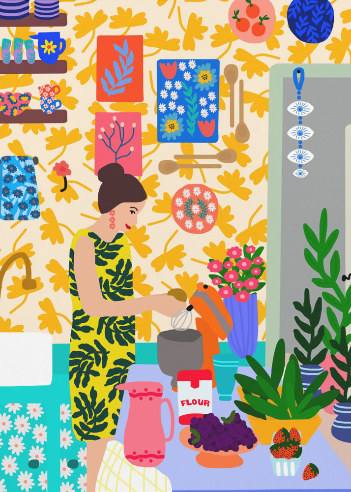 Plakat - A Woman In A Kitchen With Flowers